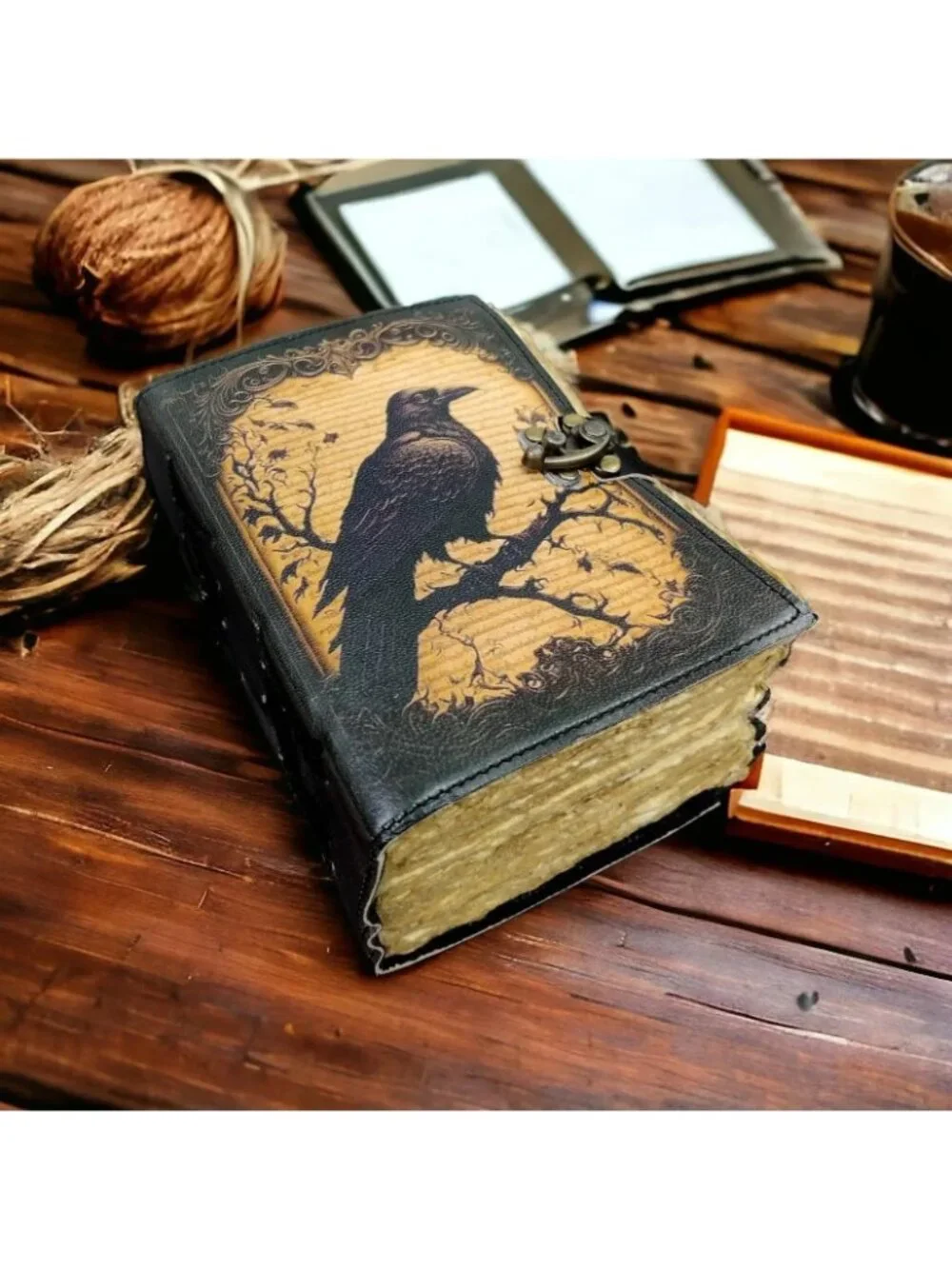 Raven Grimoire Journal Leather Gothic Book of Shadows Black Antique Brass Lock